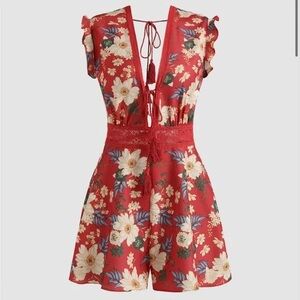 Cider Red Floral Romper with tassel ties and zipper